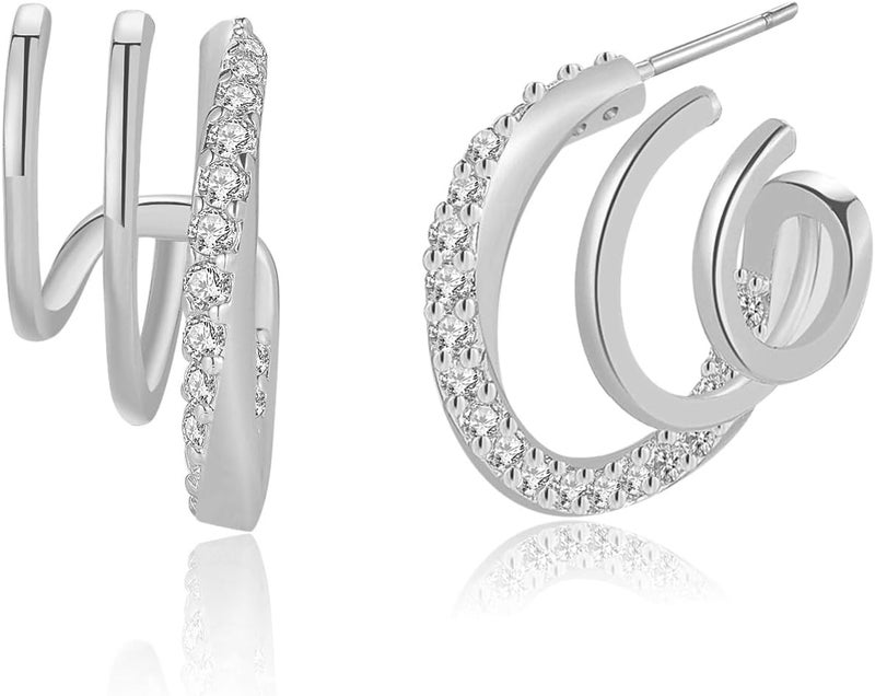 Obidos 14K Gold Plated Triple Huggie Illusion Stud Earrings | Double Huggie Hoop Earrings for One Hole | Gold Hoop Earrings for Women | Drop earrings - Image 1